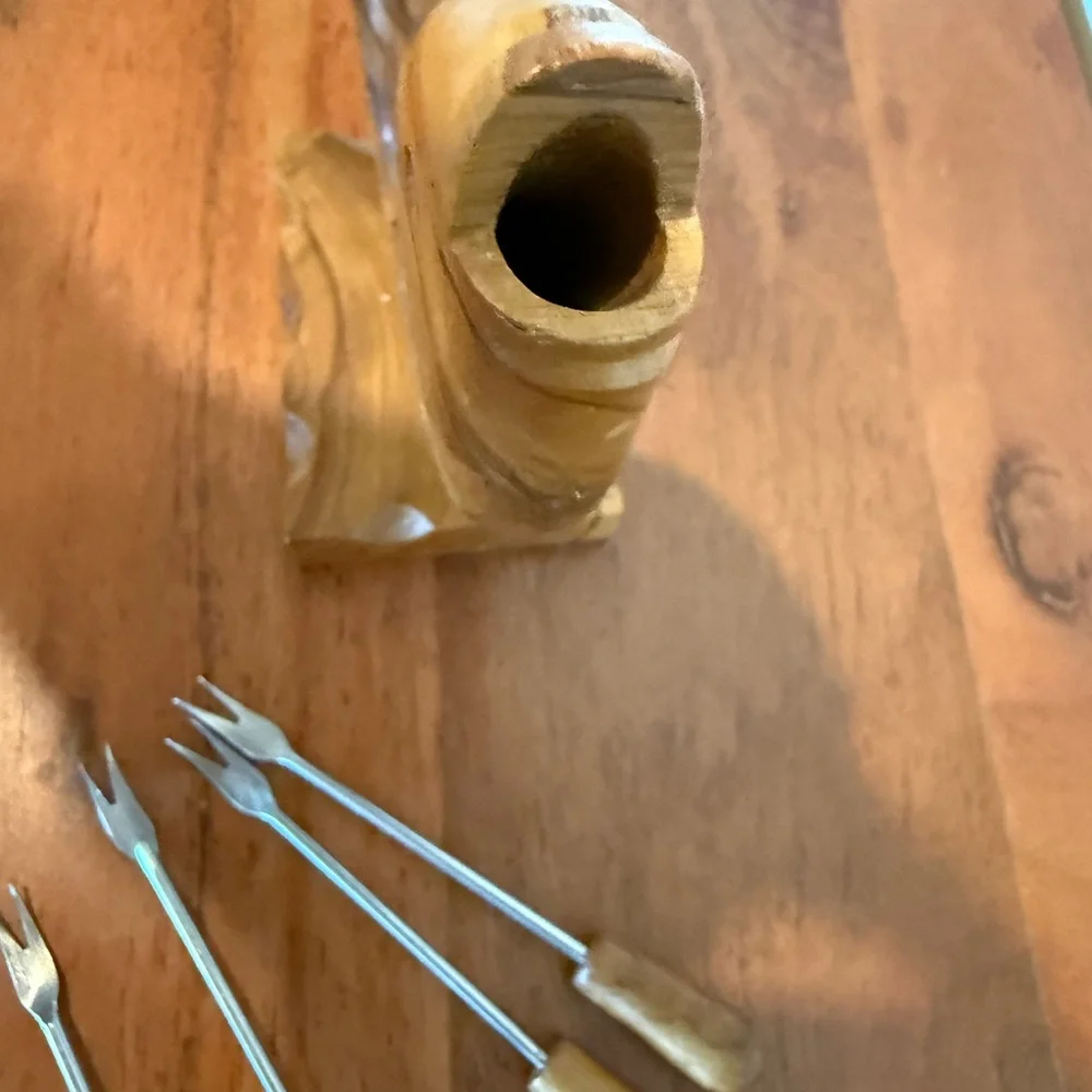 Wooden Whale fish Holder cocktail hors serving fork picker set‎ of 5